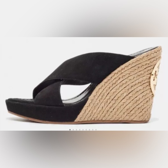 Tory Burch Kristen Black Suede Slip On Wedge Espadrilles Heels Size 9.5 MINT - Picture 2 of 16